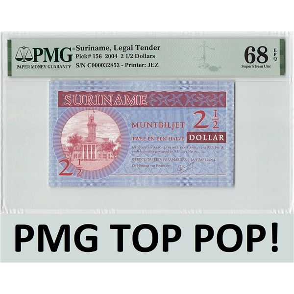 Suriname 2½ Dollar 2004 JEZ Pick 156 PMG Superb Gem Uncirculated 68 EPQ TOP POP