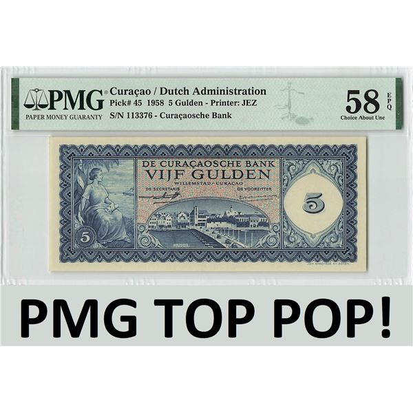 Curacao 5 Gulden 1958 JEZ Pick 45 PMG Choice About Uncirculated 58 EPQ TOP POP