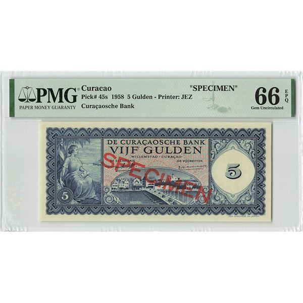 Curacao 5 Gulden 1958 Specimen Pick 45s PMG Gem Uncirculated 66 EPQ