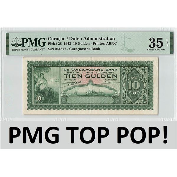 Curacao 10 Gulden 1943 Pick 26 PMG Choice Very Fine 35 EPQ TOP POP