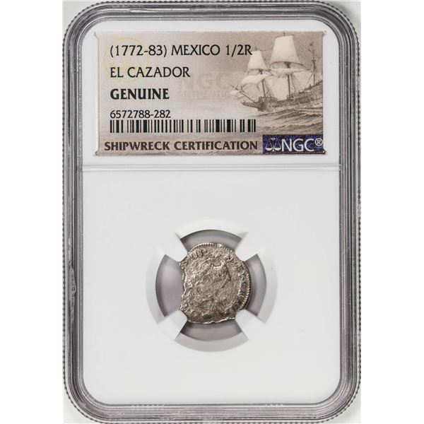 El Cazador Shipwreck (1772-83) Mexico 1/2 Real Silver Coin NGC Genuine w/ Story Card