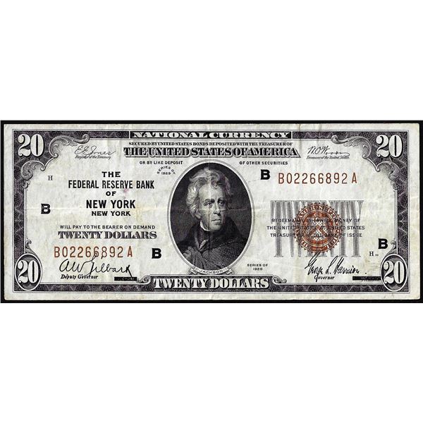 1929 $20 Federal Reserve Bank Note of New York