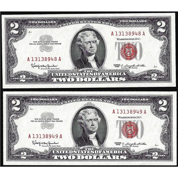 Lot of (2) Consecutive 1963 $2 Legal Tender Notes