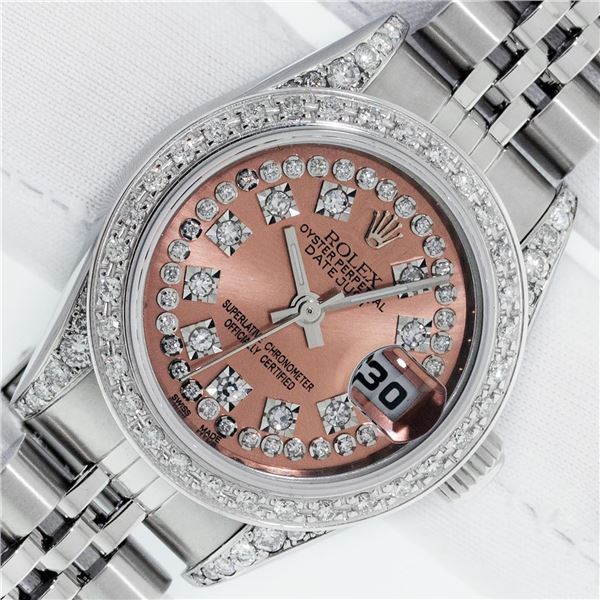 Rolex Ladies Stainless Steel Quickset Salmon Diamond Datejust Wristwatch