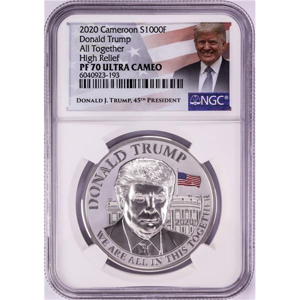2020 Cameroon 1000 Francs High Relief Donald Trump Silver Coin NGC PF70 Ultra Cameo