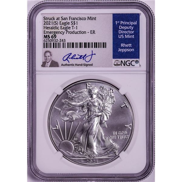 2021(S) Ty. 1 $1 American Silver Eagle Coin NGC MS69 Jeppson Signed Emergency Release