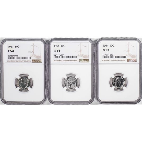Lot of (3) 1961 & 1964 Proof Roosevelt Dime Coins NGC PF66/PF67