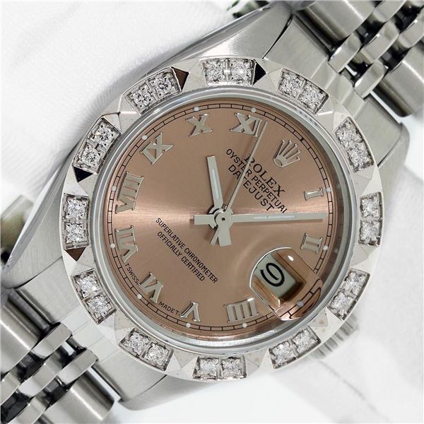 Rolex Ladies Stainless Salmon Roman Pyramid Diamond Datejust Wristwatch