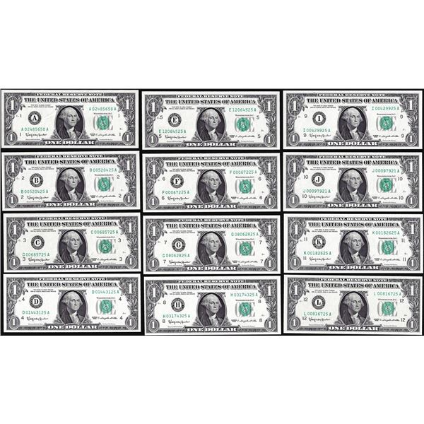 District Set of (12) 1963 $1 Federal Reserve Notes