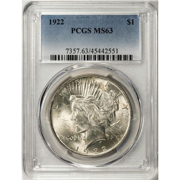 1922 $1 Peace Silver Dollar Coin PCGS MS63