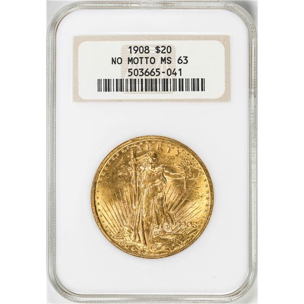 1908 No Motto $20 St Gaudens Double Eagle Gold Coin NGC MS63