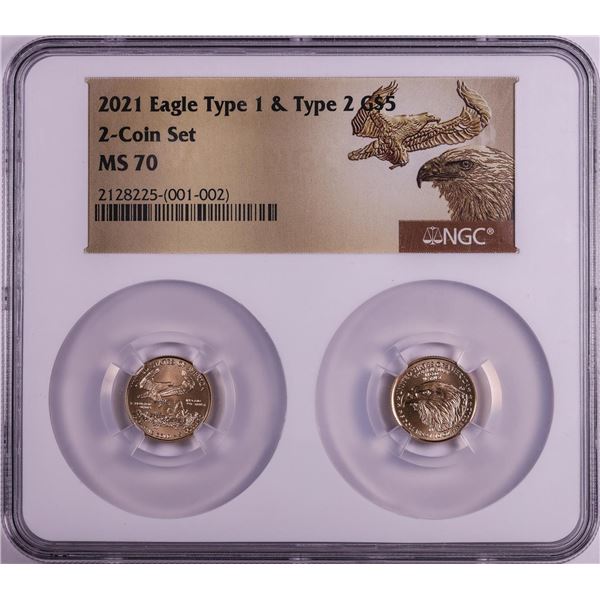 Set of 2021 Type 1 & Type 2 $5 American Gold Eagle Coins NGC MS70