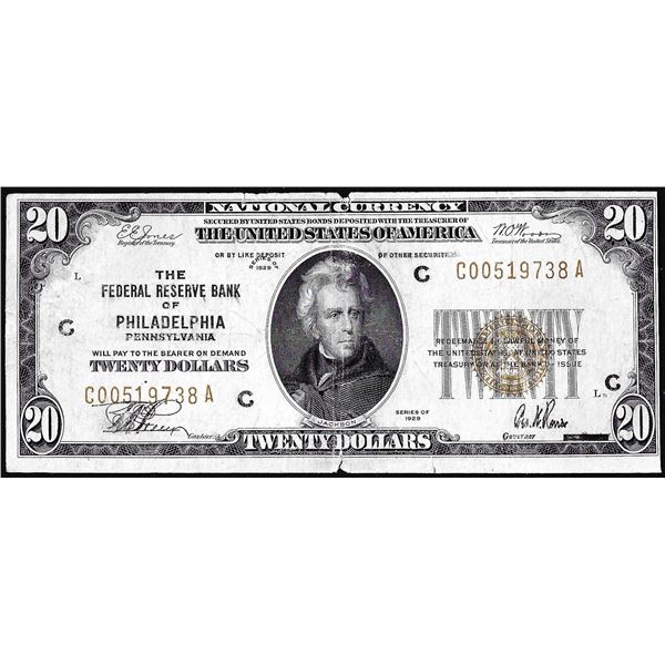 1929 $20 Federal Reserve Bank Note Philadelphia