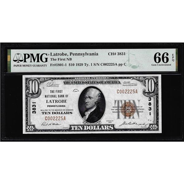 1929 $10 NB Latrobe, PA CH#3831 National Currency Note PMG Gem Uncirculated 66EPQ