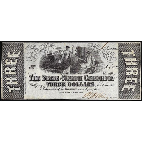 1863 $3 State of North Carolina Raleigh Obsolete Note
