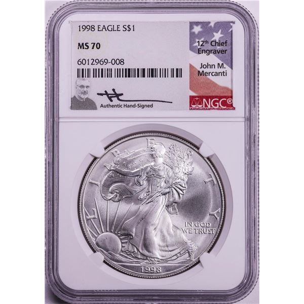 1998 $1 American Silver Eagle Coin NGC MS70 John Mercanti Signature