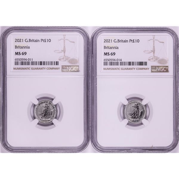 Lot of (2) 2021 Great Britain 10 Pounds Britannia 1/10oz Platinum Coins NGC MS69