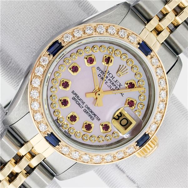 Rolex Ladies Two Tone Diamond, Ruby and Sapphire Datejust Wristwatch