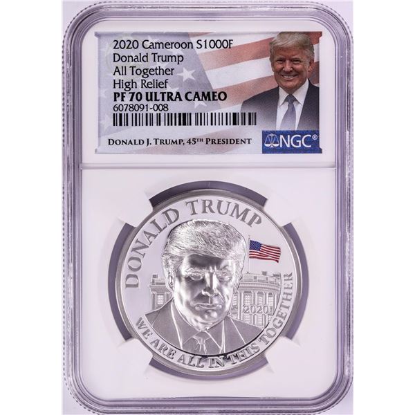 2020 Cameroon 1000 Francs High Relief Donald Trump Silver Coin NGC PF70 Ultra Cameo