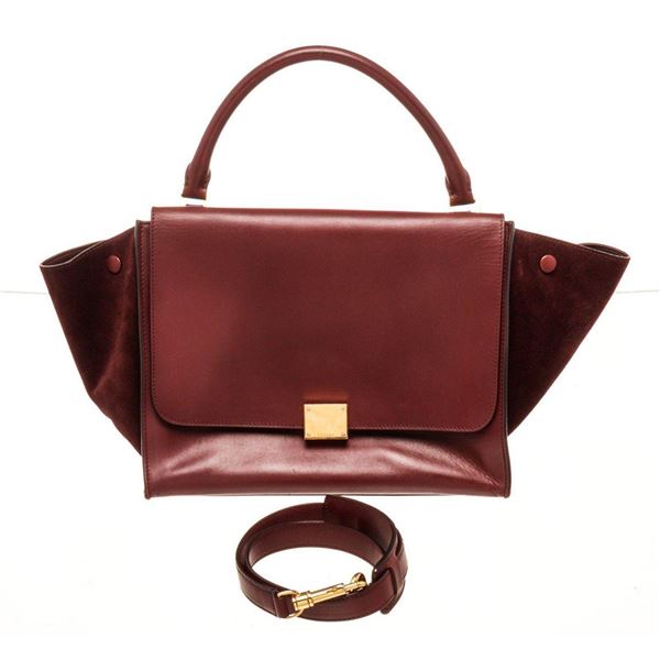 Celine Burgundy Leather Suede Trapeze Tote Bag