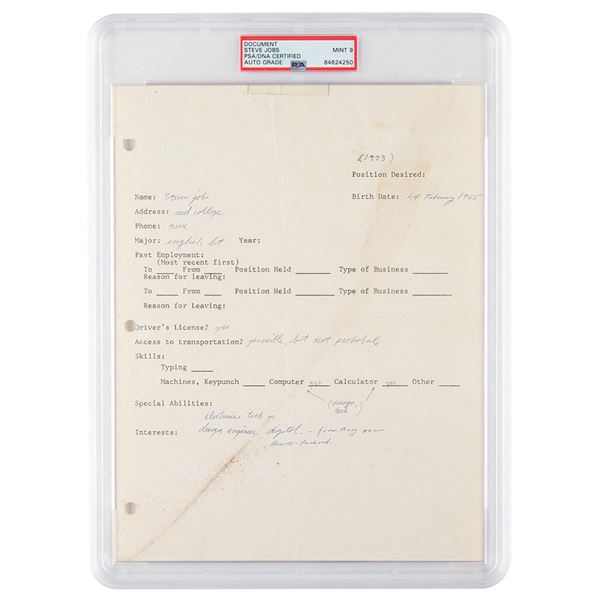 Steve Jobs Signed Job Application - PSA MINT 9