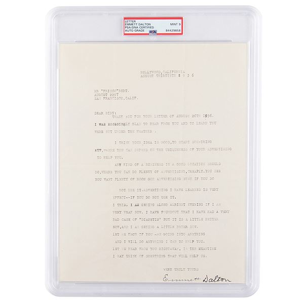 Emmett Dalton Typed Letter Signed - PSA MINT 9