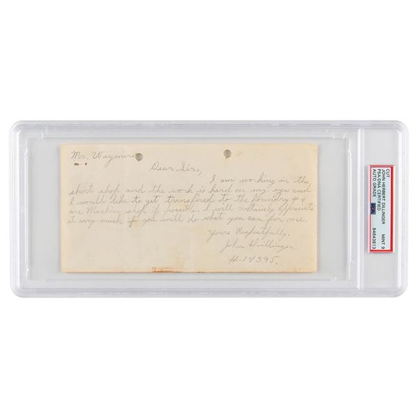 John Dillinger Autograph Letter Signed - PSA MINT 9