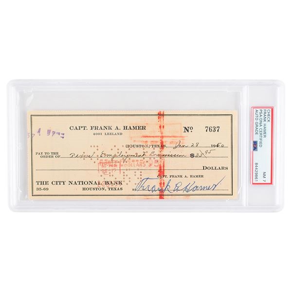 Frank Hamer Signed Check - PSA NM 7