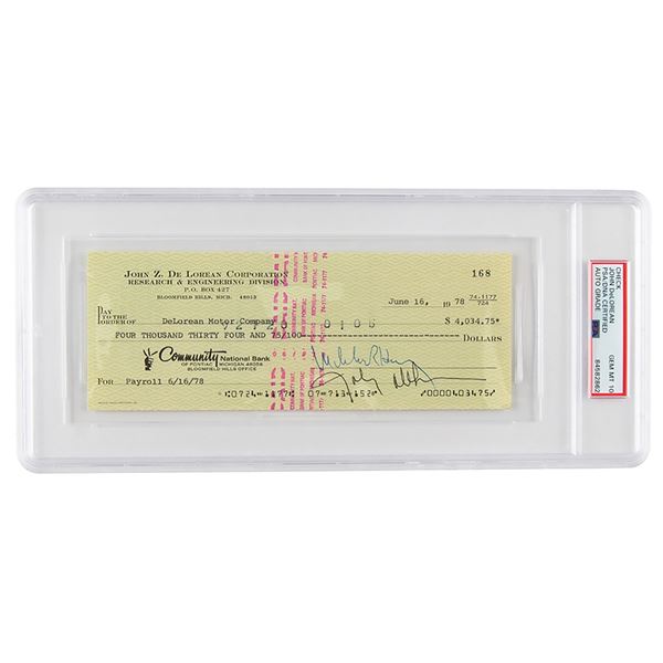John DeLorean Signed Check - PSA GEM MT 10