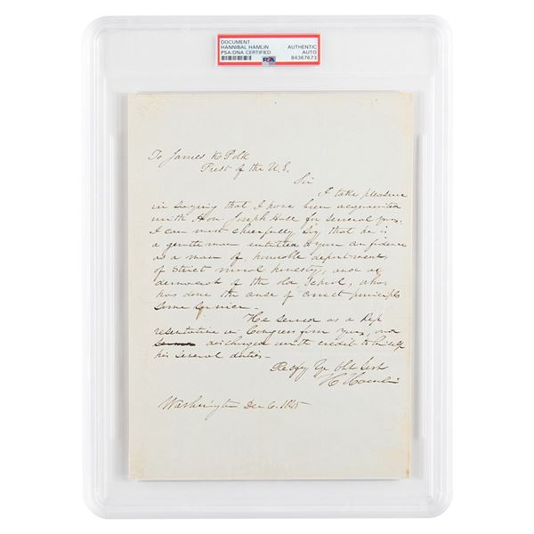 Hannibal Hamlin Autograph Letter Signed to President James K. Polk