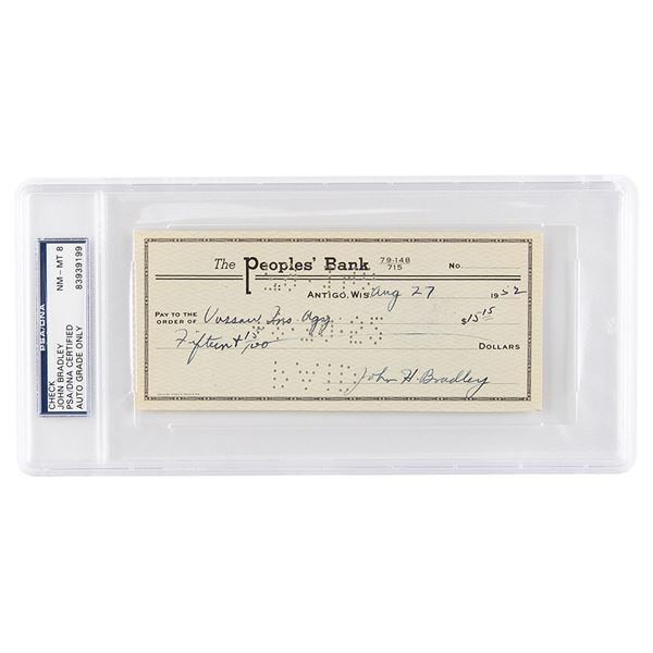 Iwo Jima: John H. Bradley Signed Check - PSA NM-MT 8