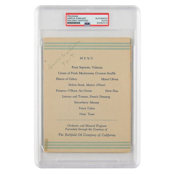 Amelia Earhart Signed Menu