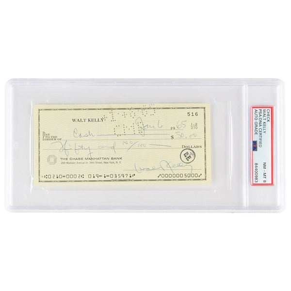 Walt Kelly Signed Check - PSA NM-MT 8