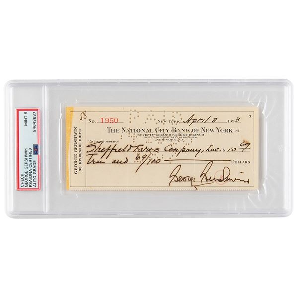 George Gershwin Signed Check - PSA MINT 9