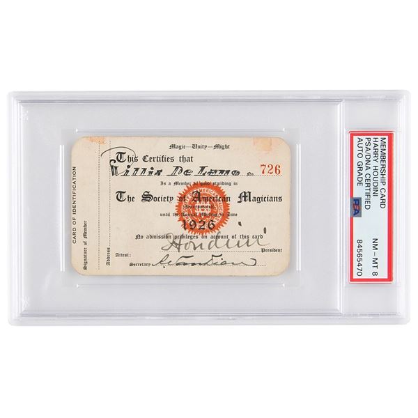 Harry Houdini Signed SAM Membership Card - PSA NM-MT 8