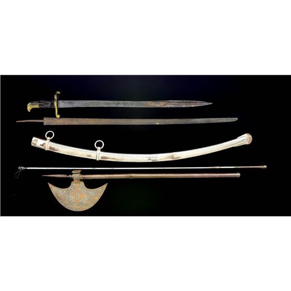 3 EDGED WEAPONS, SCABBARD & RAMROD.