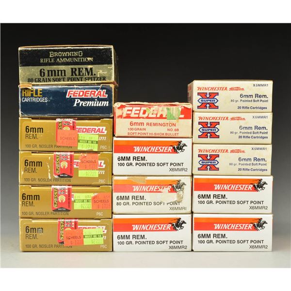 250+ RDS. (13 BOXES) OF 6MM REM AMMO.