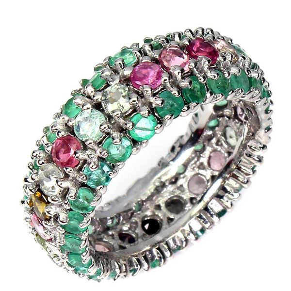 Natural Colombian Emerald & Tourmaline Eternity Ring