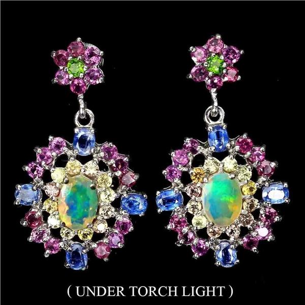 Natural Ethopian White  Opal Kyanite Rhodolite Earrings