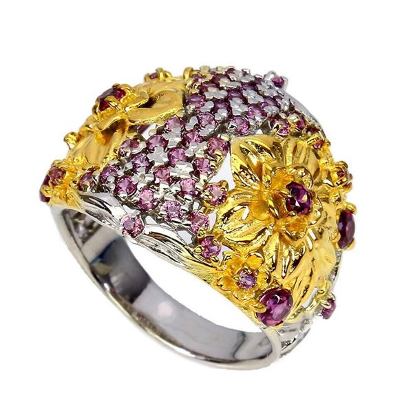 Natural Unheated Rhodolite Garnet Flower Ring