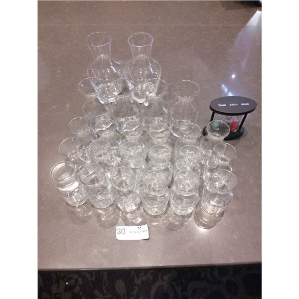 2 x Large, 4 x Medium, 18 x Small Glass Decanters, and Sand Timers