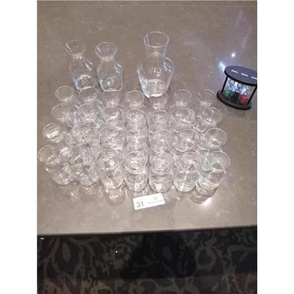 1 x Large, 2 x Medium, 28 x Small Glass Decanters, and Sand Timers