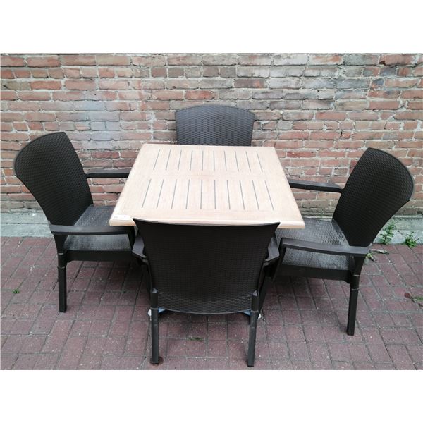 Large Folding Patio Table w/ 4 x Wicker-Like Plastic Chairs