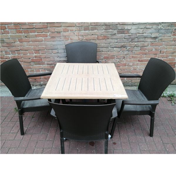 Large Folding Patio Table w/ 4 x Wicker-Like Plastic Chairs