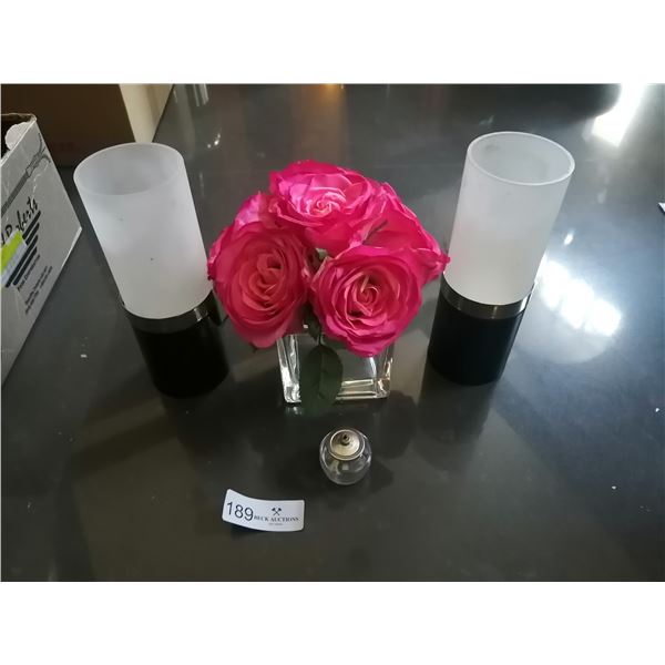 2 x Tea Light Holders, Artificial Roses, and Small Oil Wick Lamp