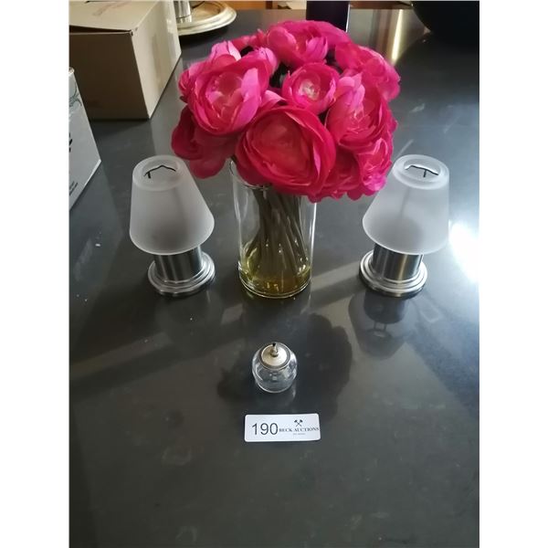 2 x Tea Light Holders, Artificial Roses, and Small Oil Wick Lamp