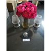 Image 1 : 2 x Tea Light Holders, Artificial Roses, and Small Oil Wick Lamp