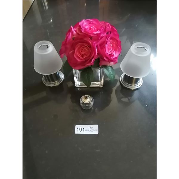 2 x Tea Light Holders, Artificial Roses, and Small Oil Wick Lamp