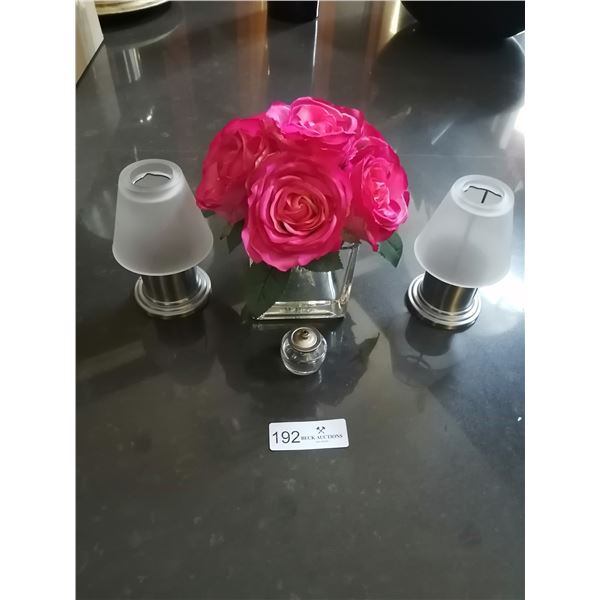 2 x Tea Light Holders, Artificial Roses, and Small Oil Wick Lamp