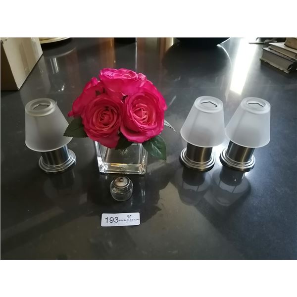 3 x Tea Light Holders, Artificial Roses, and Small Oil Wick Lamp